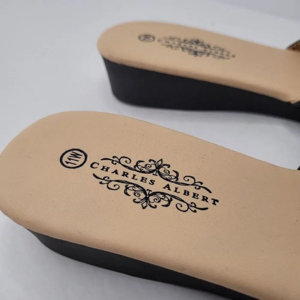 Charles Albert Sandals Flats Women Size 11W Black Summer Beach